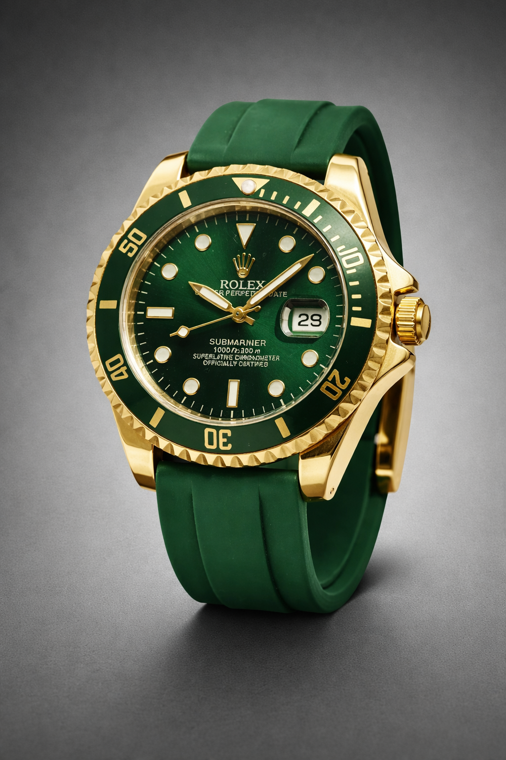 Rolex Submariner Date with a green dial, yellow gold case, and green rubber strap
