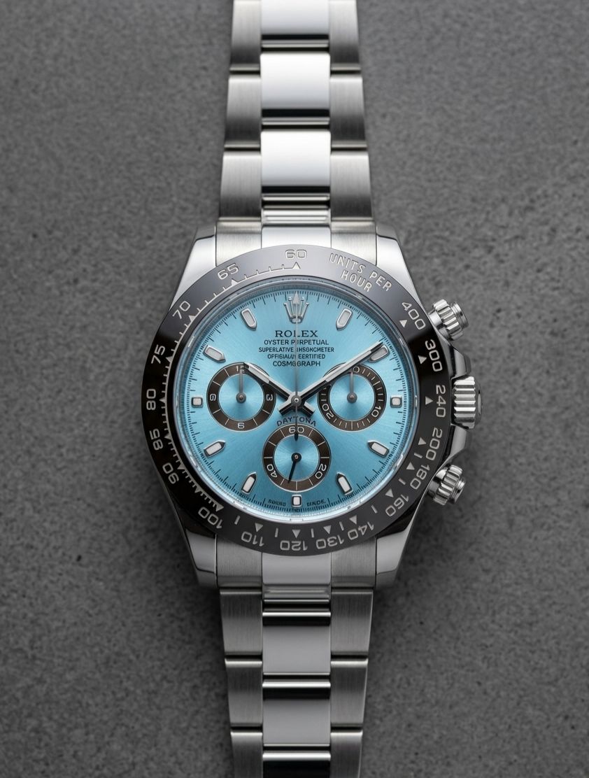 Rolex Cosmograph Daytona, likely a platinum model with an ice blue dial