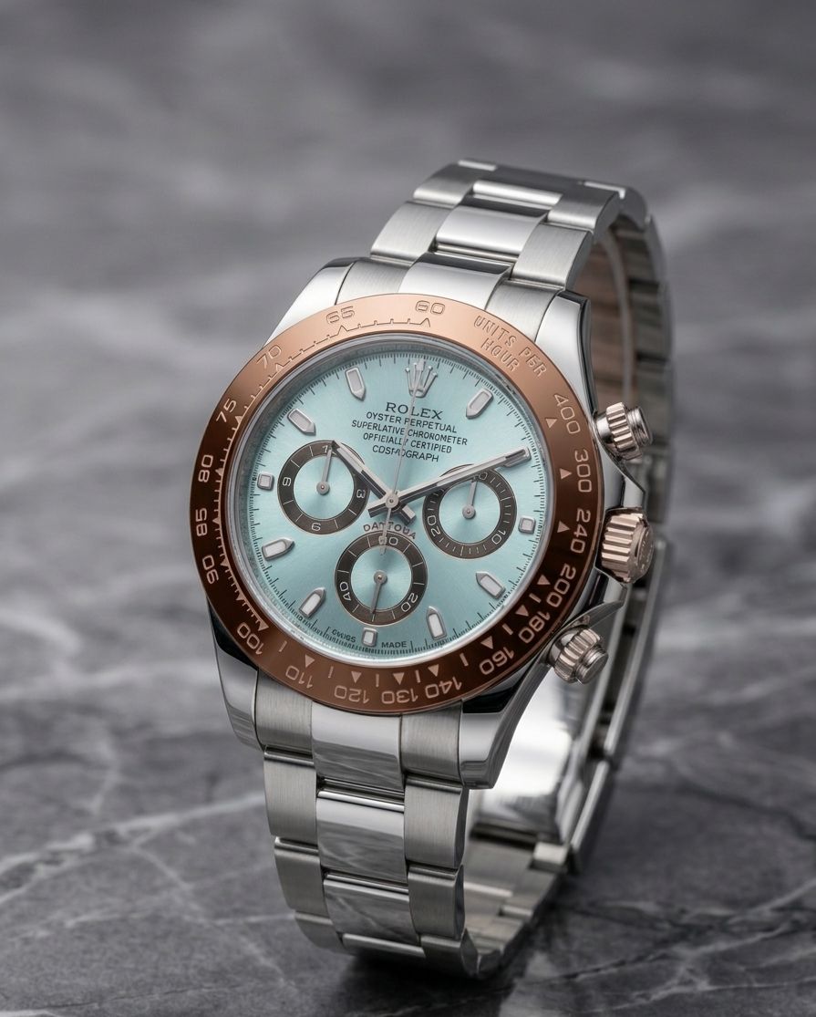 Rolex Cosmograph Daytona, likely the platinum model with an ice-blue dial and a chestnut brown Cerachrom bezel
