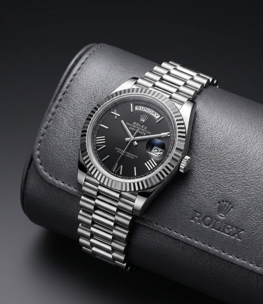 Rolex Day-Date 40 crafted in platinum with a bright black dial and fluted bezel.