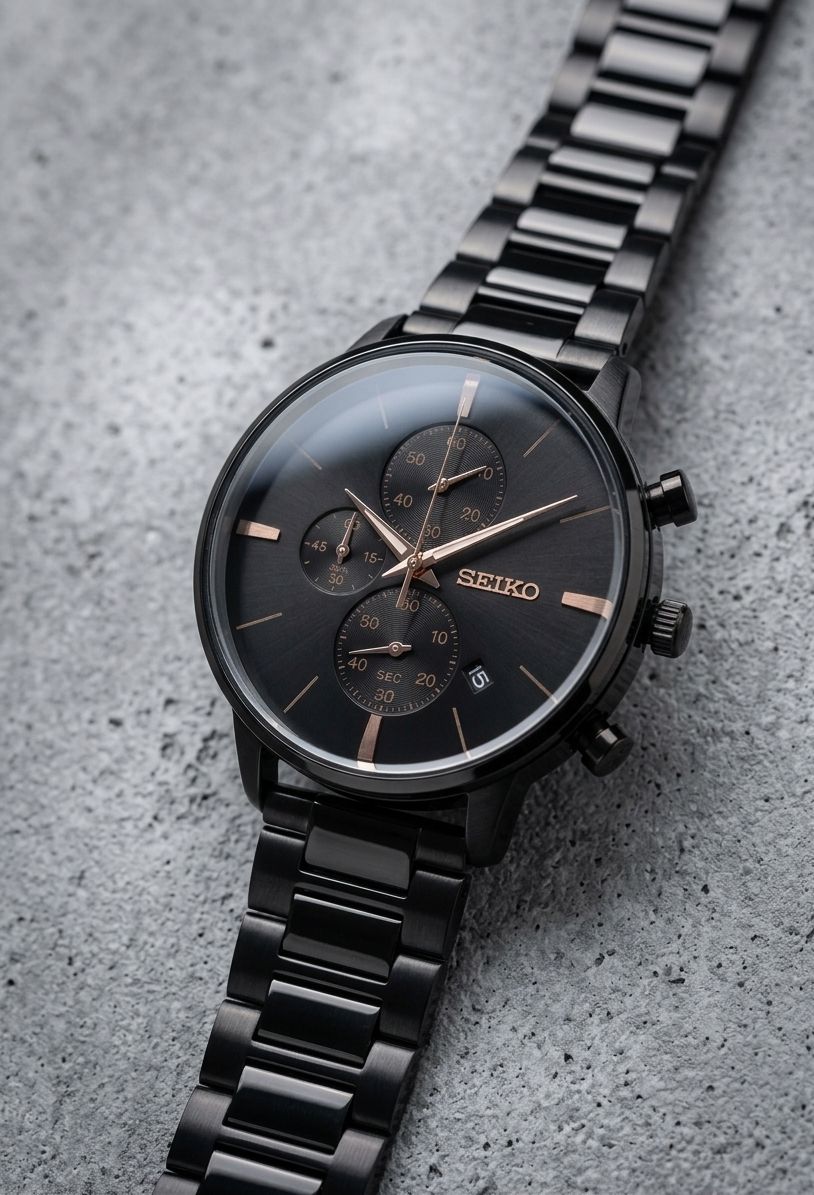 Seiko chronograph from a premium collection, featuring a black stainless steel strap and a dark dial with rose gold-tone markers