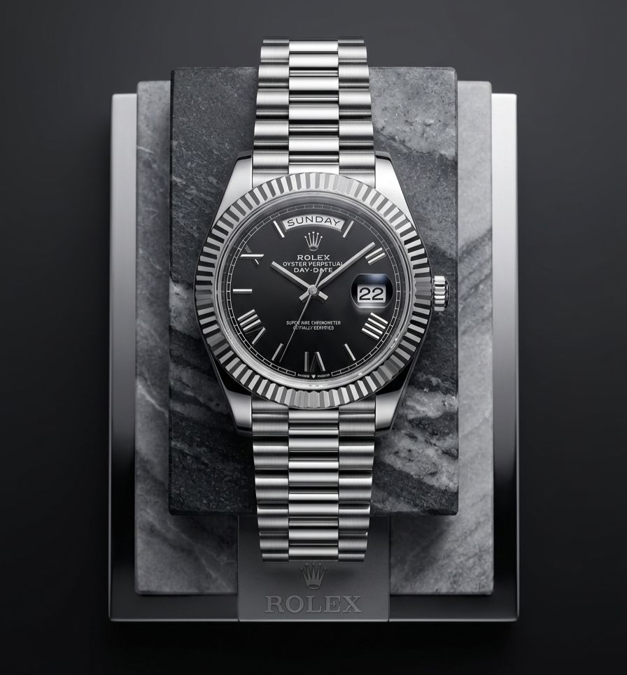 Rolex Day-Date 40 crafted in platinum with a bright black dial and fluted bezel.