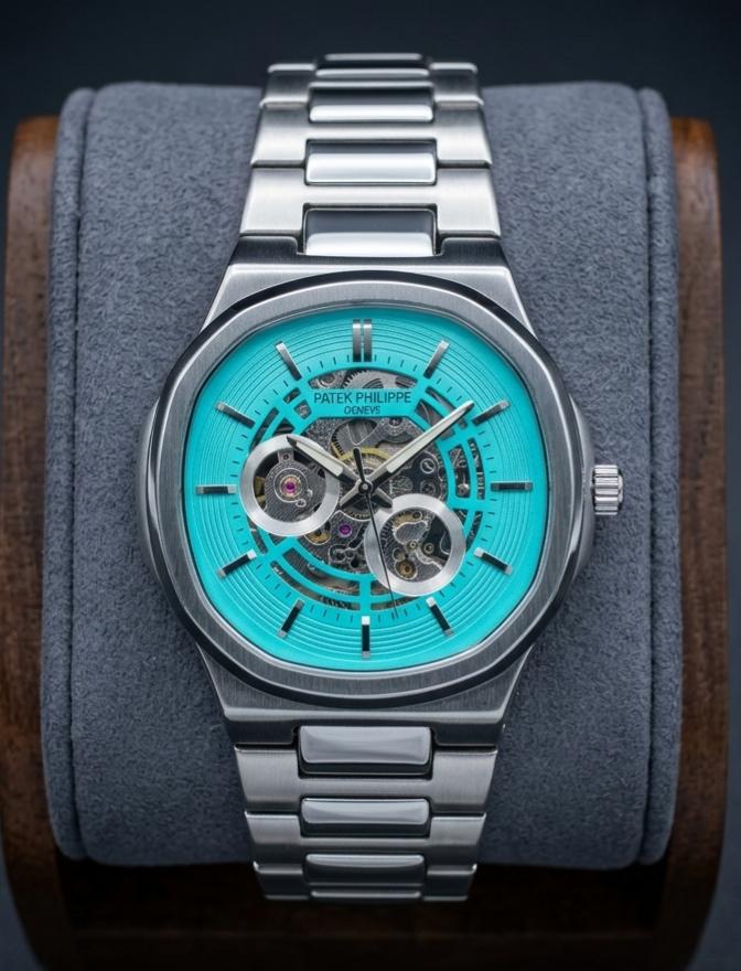 Patek Philippe watch featuring a distinctive turquoise dial and a mechanical movement visible through the dial
