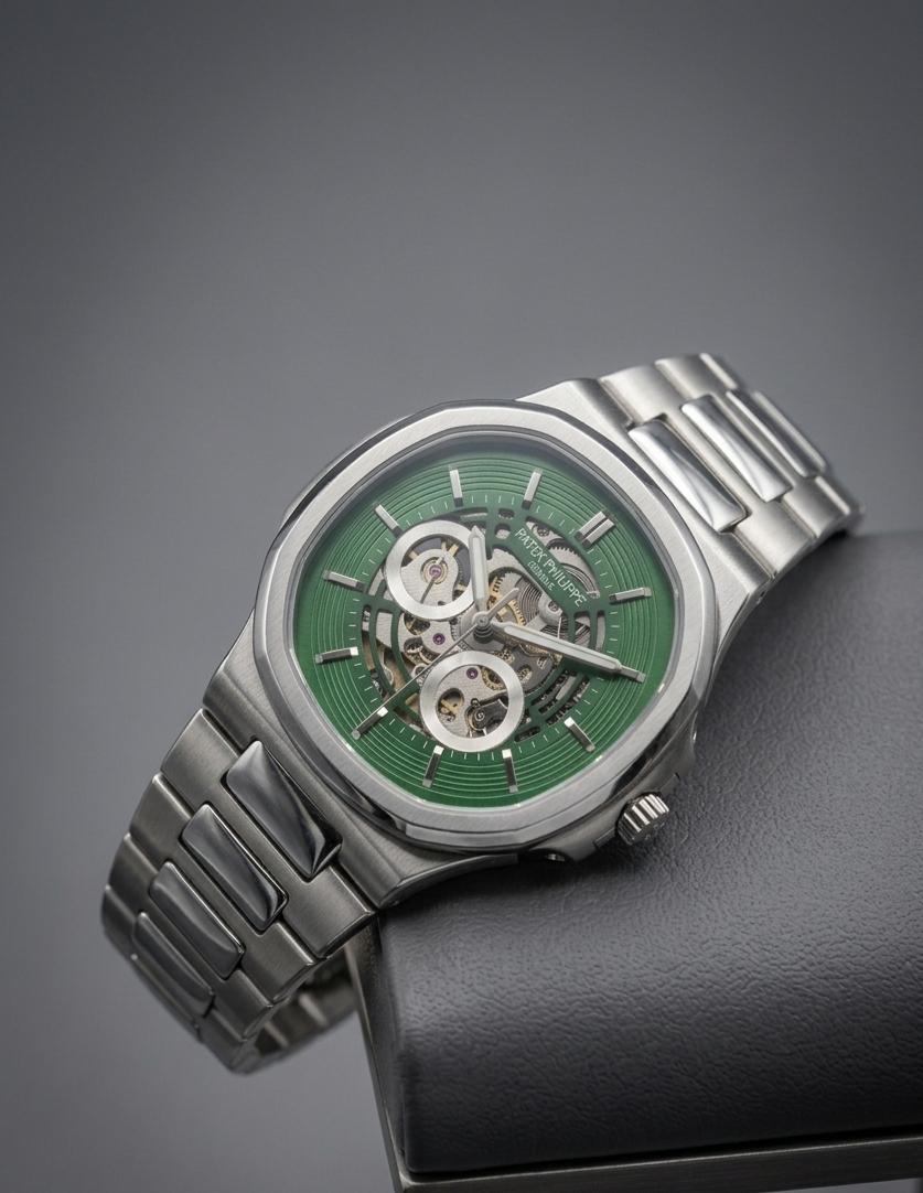 Patek Philippe Nautilus Skeleton watch with a green dial and stainless steel bracelet