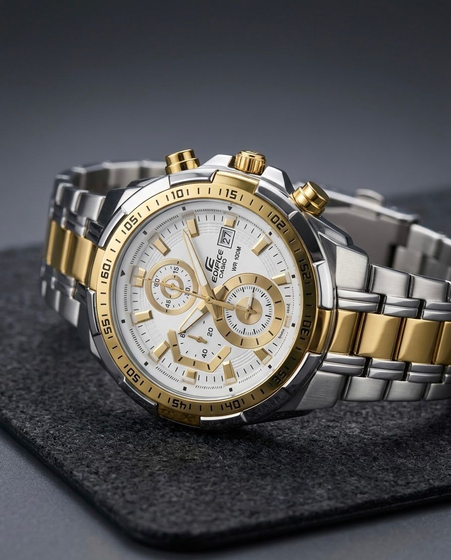 Casio Edifice Featuring a dual-tone Gold and Silver stainless steel band