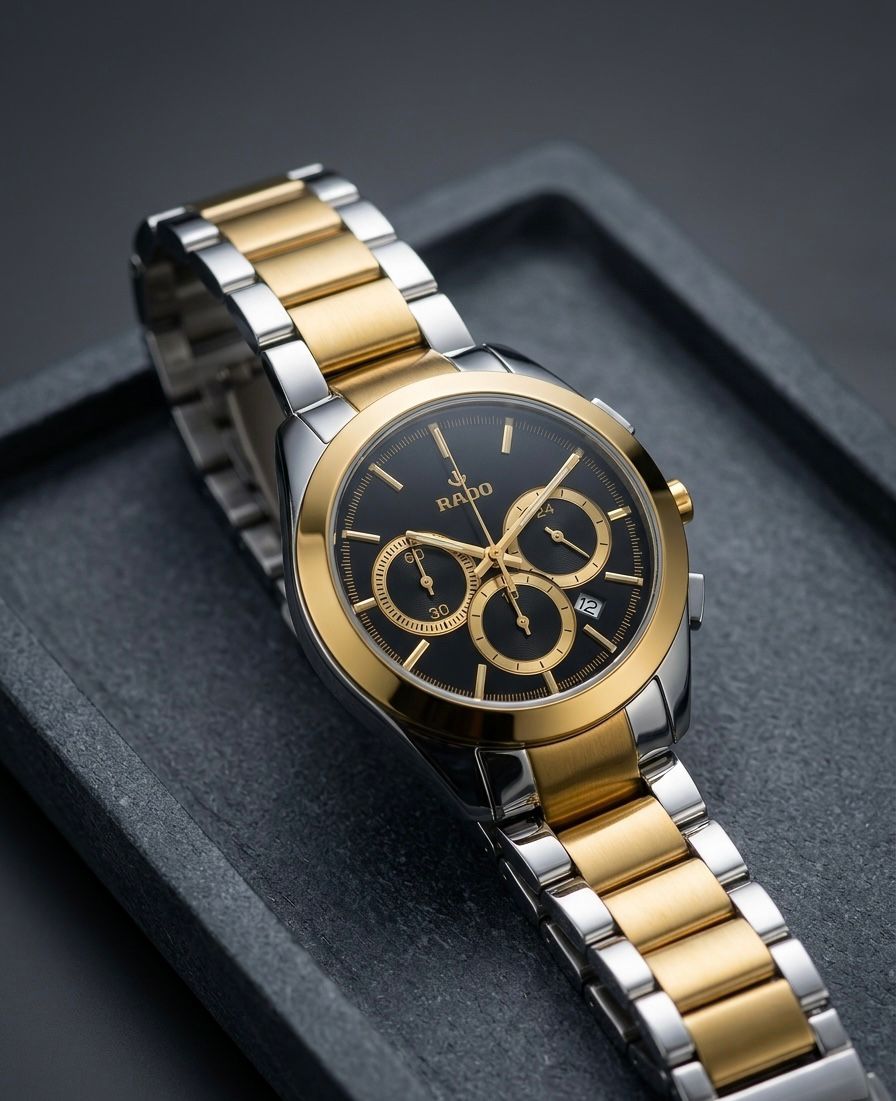 RADO | Men's HyperChrome Chronograph, specifically, features a two-tone stainless steel and gold-colored design with a black dial