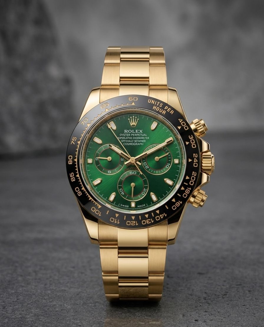 Rolex Cosmograph Daytona, specifically | yellow gold model with a green dial