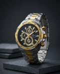 Casio Edifice | premium men's chronograph watch that features a dual-tone (silver and gold) stainless steel design with a bold black dial