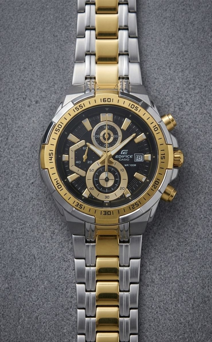 Casio Edifice | premium men's chronograph watch that features a dual-tone (silver and gold) stainless steel design with a bold black dial