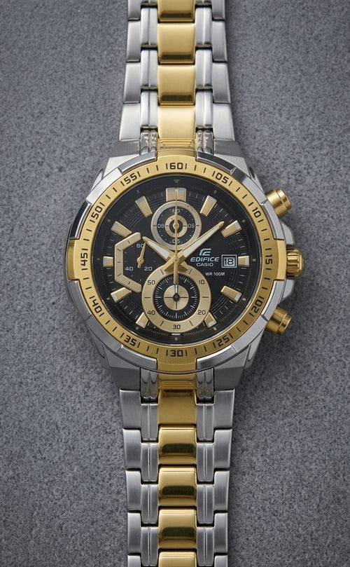 Casio Edifice | premium men's chronograph watch that features a dual-tone (silver and gold) stainless steel design with a bold black dial