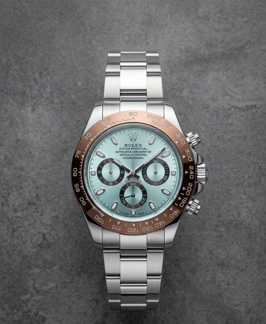 Rolex Cosmograph Daytona, likely the platinum model with an ice-blue dial and a chestnut brown Cerachrom bezel