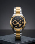 RADO | Men's HyperChrome Chronograph, specifically, features a two-tone stainless steel and gold-colored design with a black dial