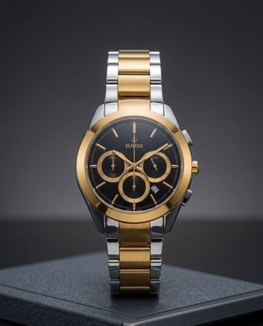 RADO | Men's HyperChrome Chronograph, specifically, features a two-tone stainless steel and gold-colored design with a black dial