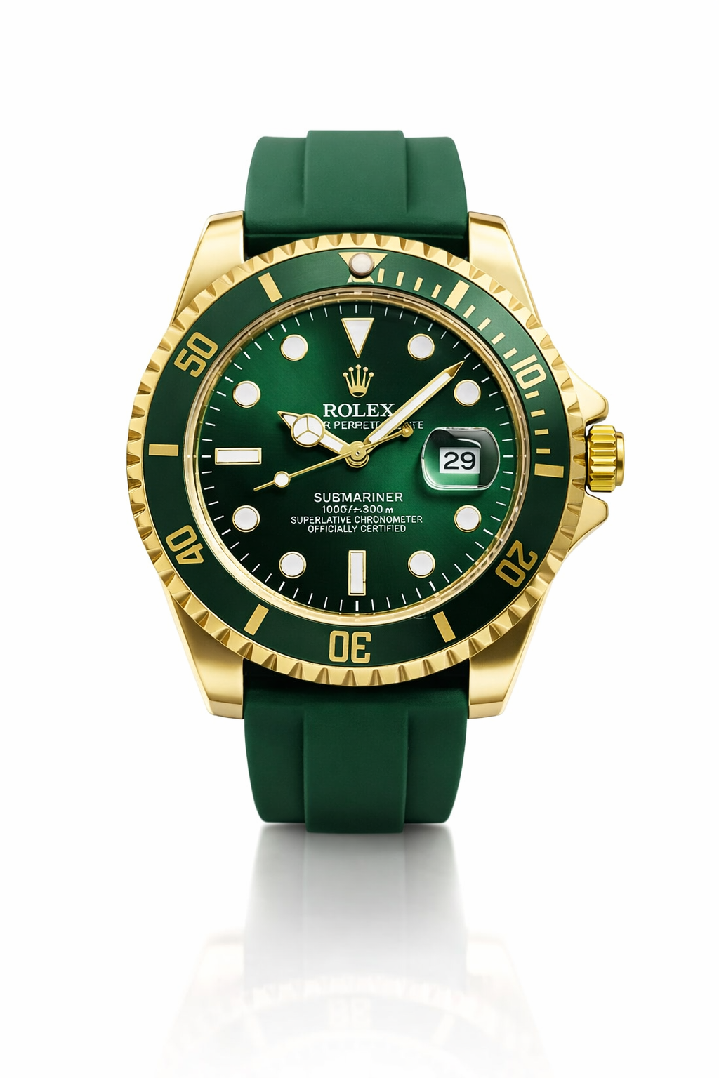 Rolex Submariner Date with a green dial, yellow gold case, and green rubber strap