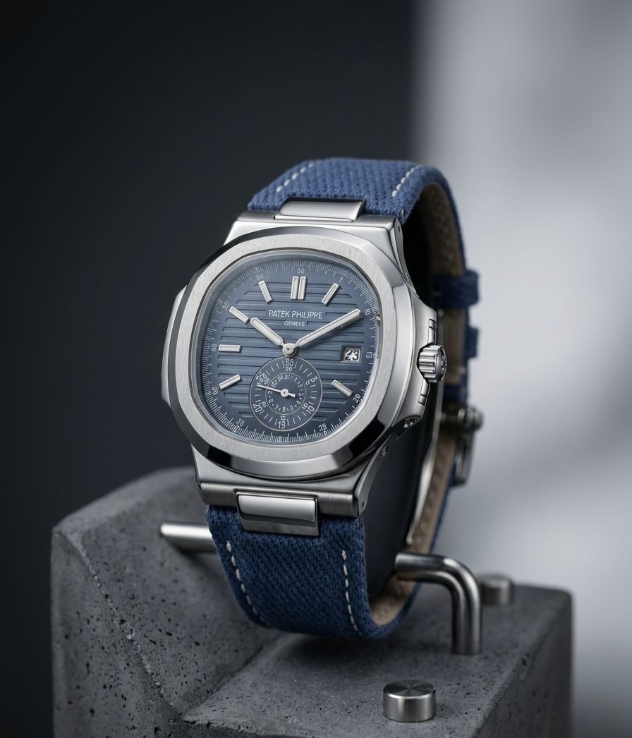 Patek Philippe | blue-gray denim-patterned strap