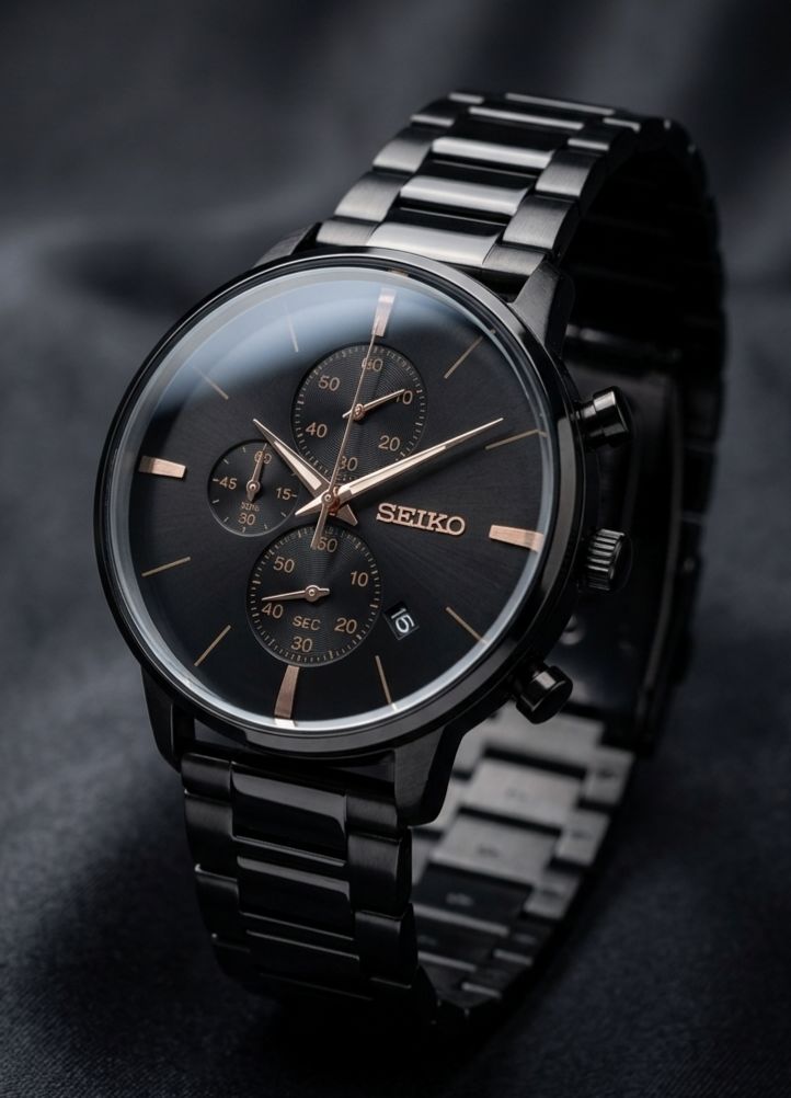 Seiko chronograph from a premium collection, featuring a black stainless steel strap and a dark dial with rose gold-tone markers