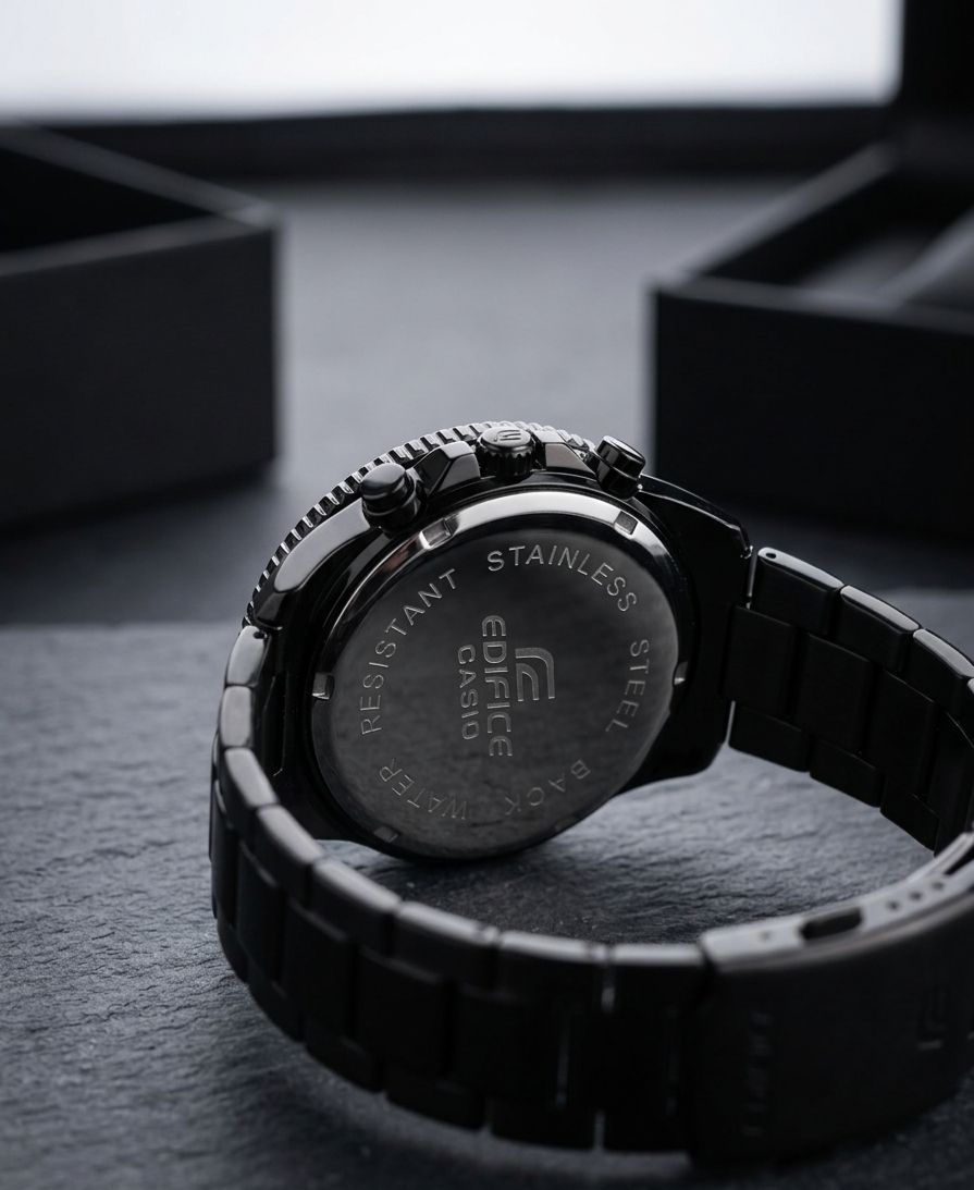 Casio Edifice | black stainless steel analog chronograph watch featuring gold accents