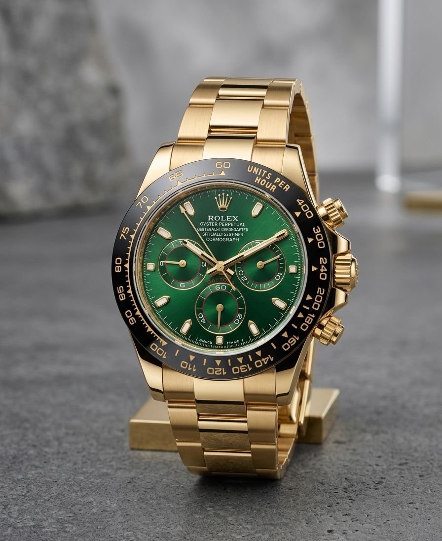 Rolex Cosmograph Daytona, specifically | yellow gold model with a green dial