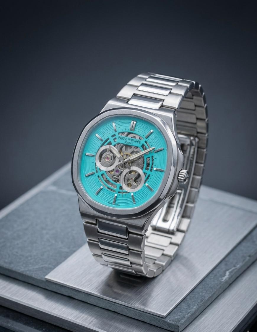 Patek Philippe watch featuring a distinctive turquoise dial and a mechanical movement visible through the dial