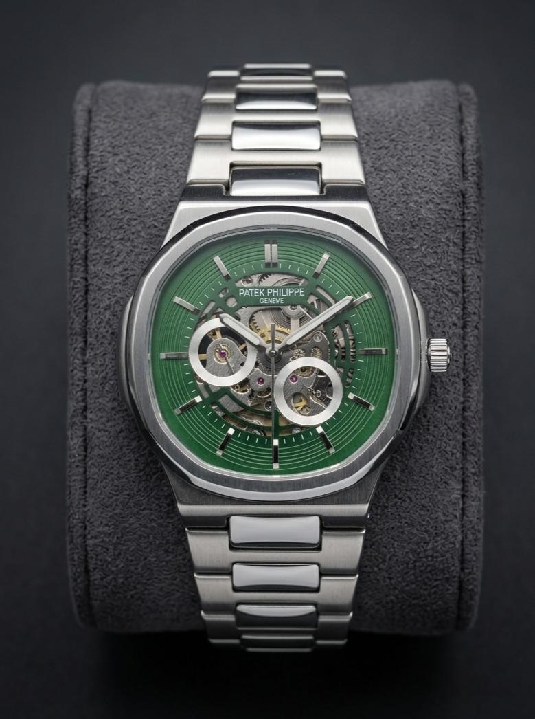 Patek Philippe Nautilus Skeleton watch with a green dial and stainless steel bracelet