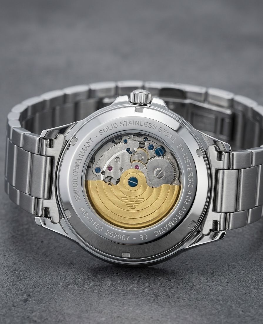 Emporio Armani Bannon Automatic Analog Watch | featuring a 42mm case with a distinctive green dial and open-heart movement