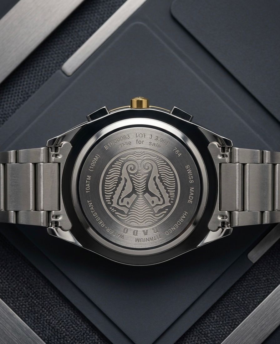 RADO | Men's HyperChrome Chronograph, specifically, features a two-tone stainless steel and gold-colored design with a black dial