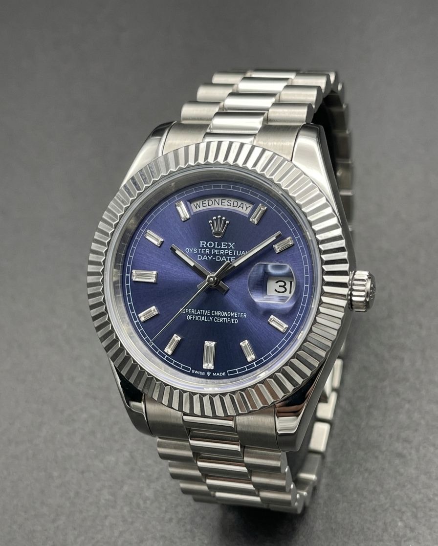 Rolex Day-Date 40 with a blue dial, fluted bezel, and President bracelet