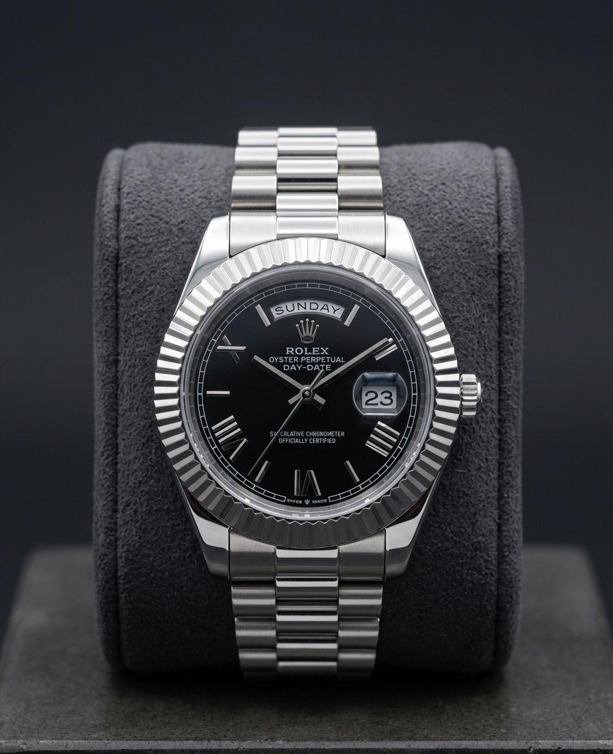 Rolex Day-Date 40 crafted in platinum with a bright black dial and fluted bezel.