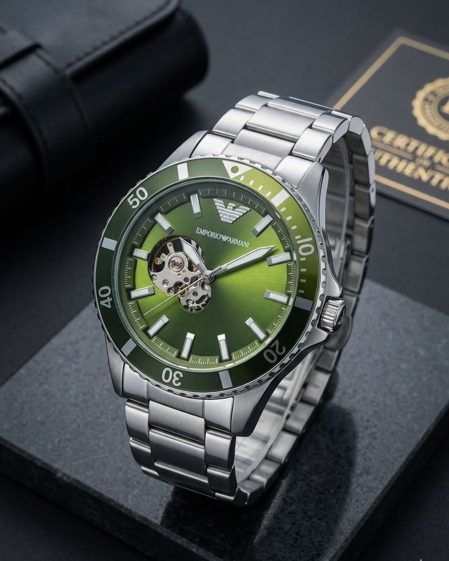 Emporio Armani Bannon Automatic Analog Watch | featuring a 42mm case with a distinctive green dial and open-heart movement