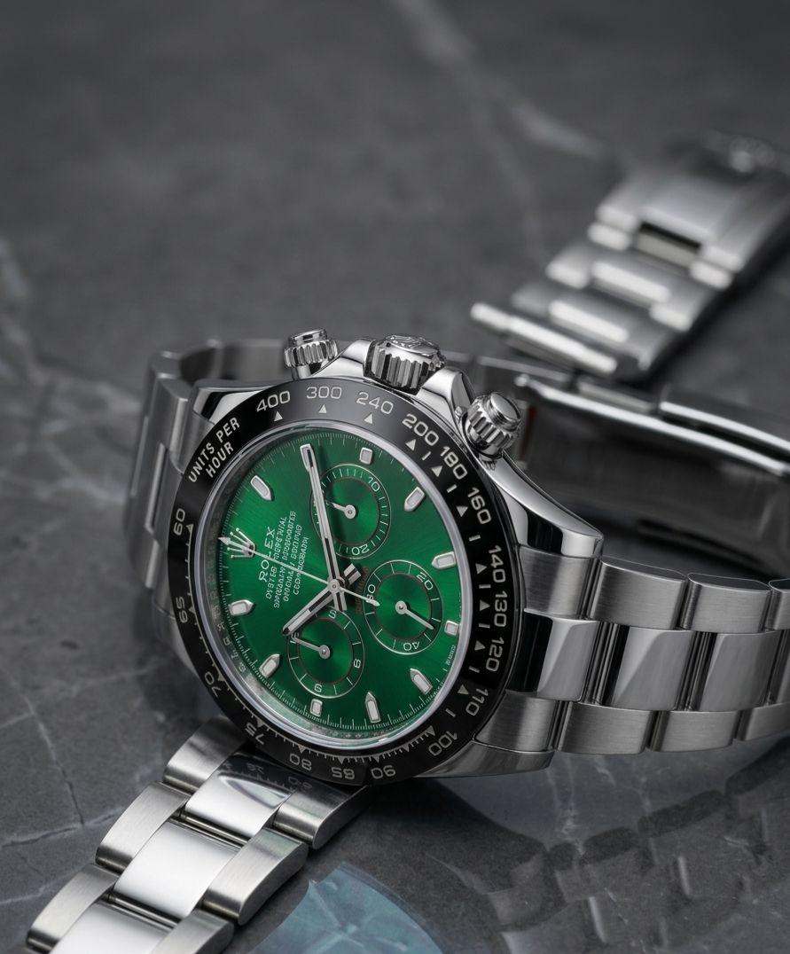 Rolex Cosmograph Daytona watch with a distinct green dial