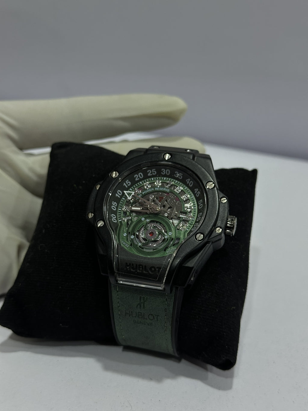 HUBLOT | Luxury Green Skeleton Dial Automatic Watch – Black Stainless Steel Case