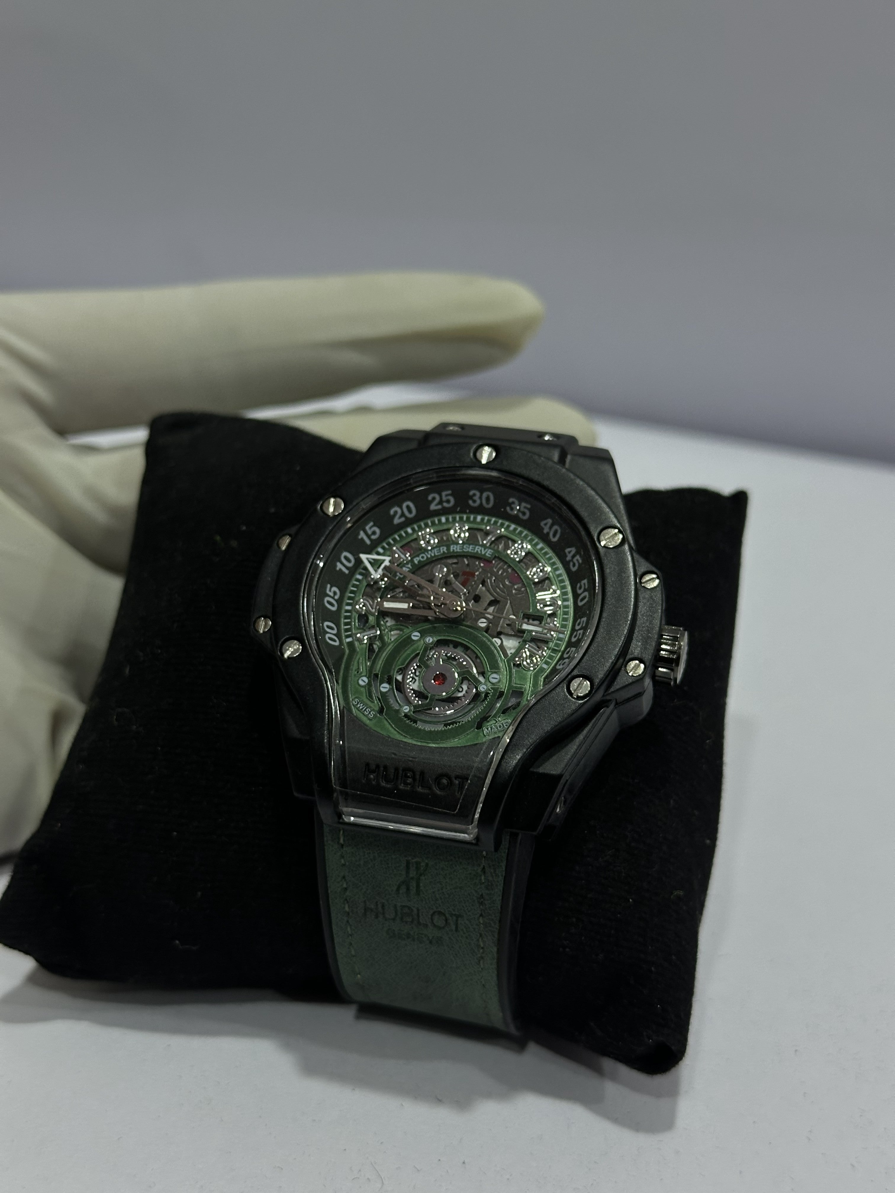 HUBLOT | Luxury Green Skeleton Dial Automatic Watch – Black Stainless Steel Case
