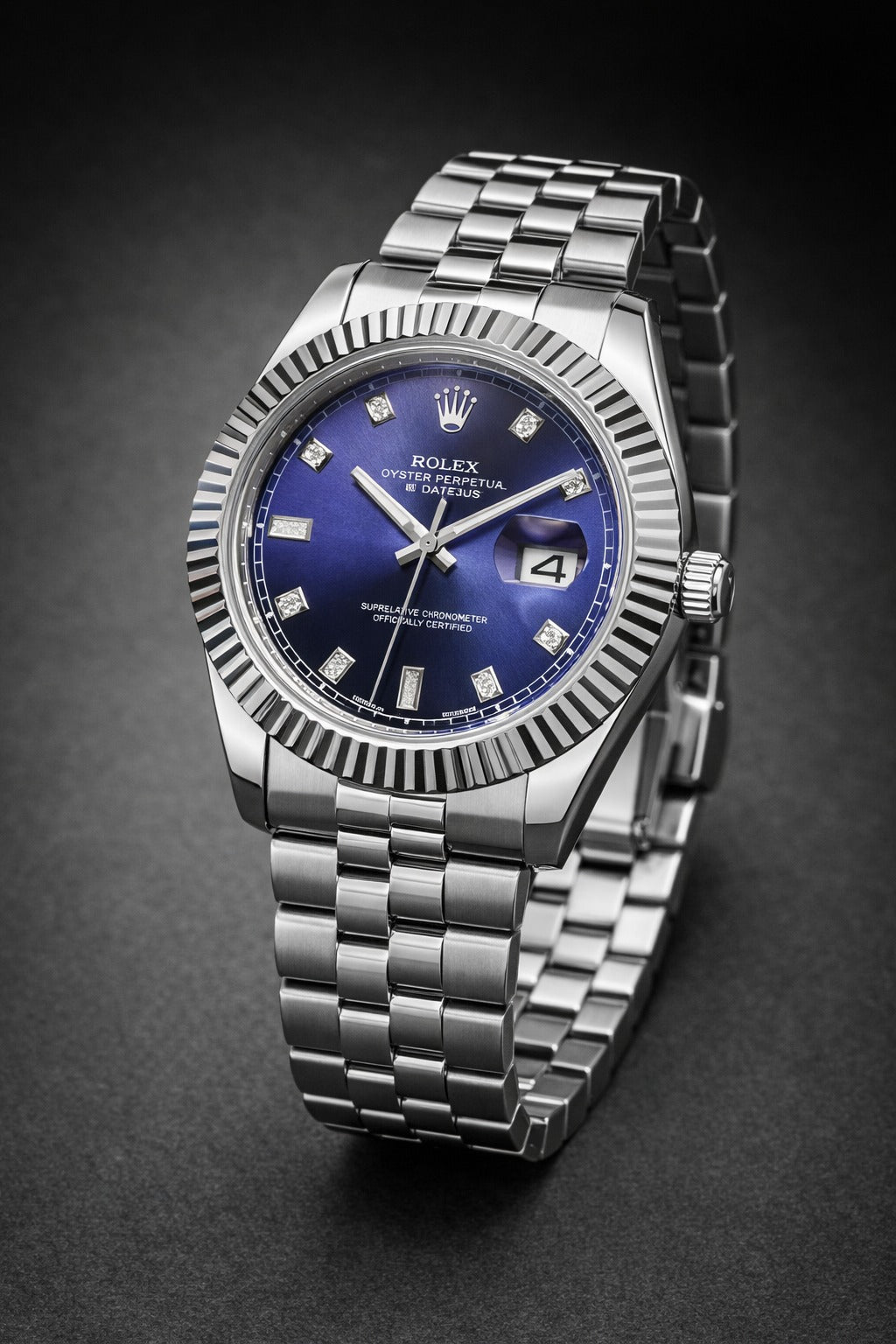 Rolex Datejust 41 wristwatch featuring a bright blue, diamond-set dial