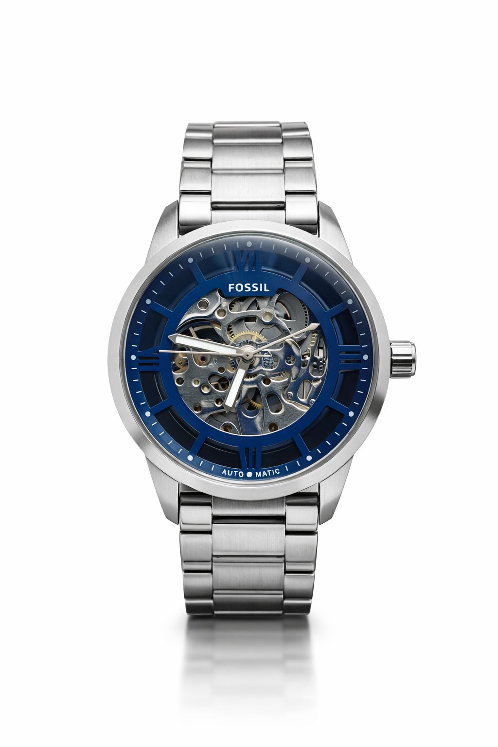 Fossil Men Townsman Silver Automatic Stainless Steel Analogue Watch | Blue Dial, Silver Band