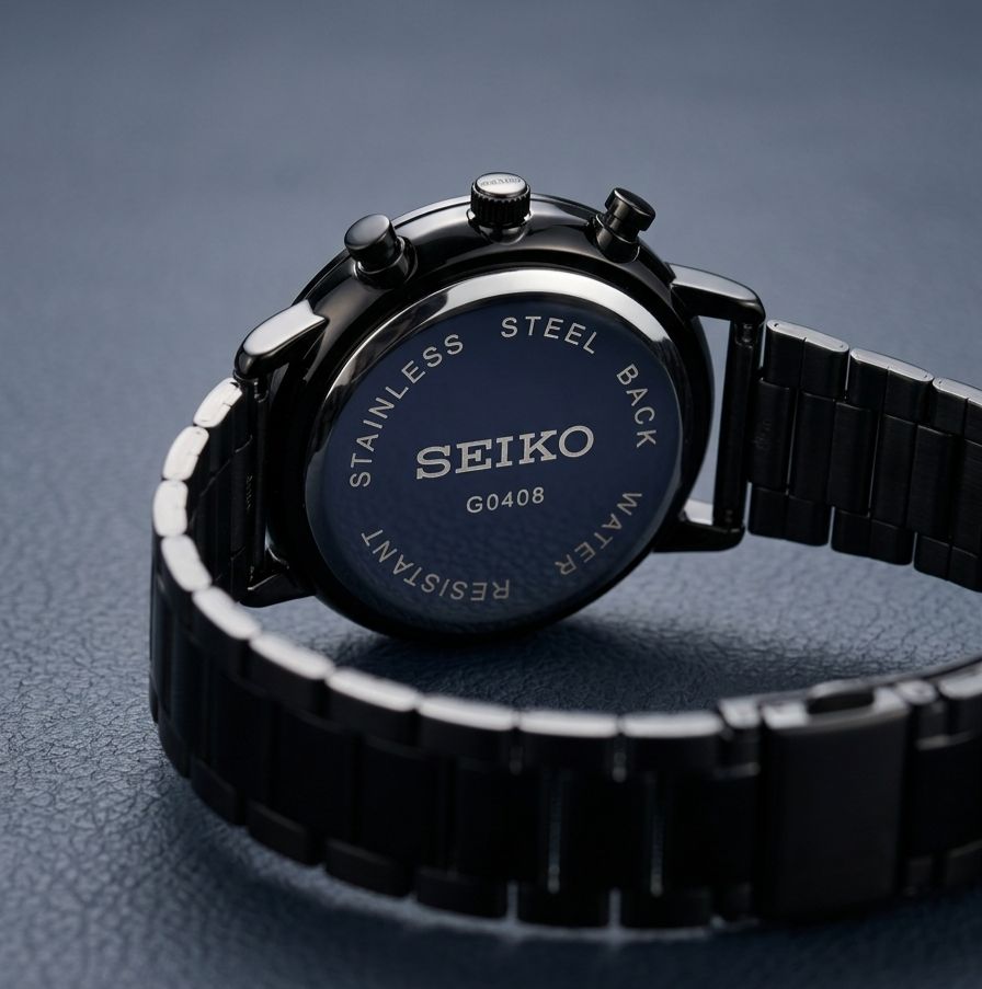 Seiko chronograph from a premium collection, featuring a black stainless steel strap and a dark dial with rose gold-tone markers