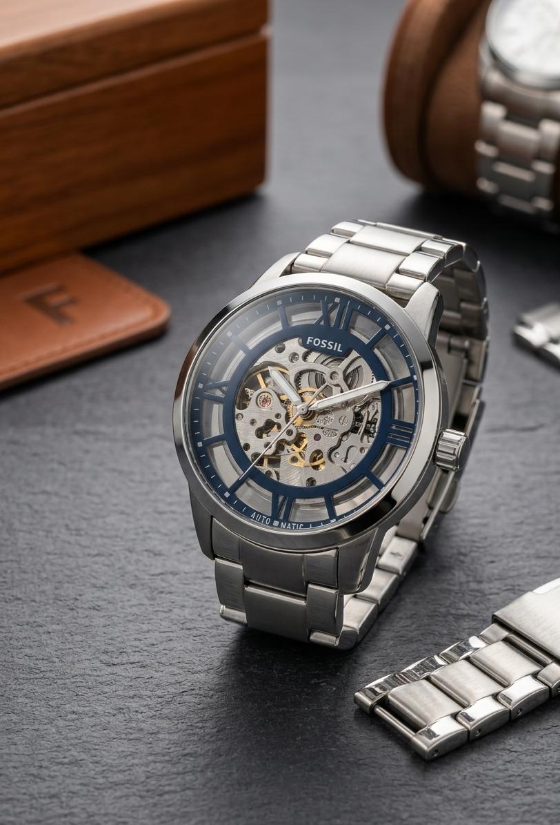 Fossil Men Townsman Silver Automatic Stainless Steel Analogue Watch | Blue Dial, Silver Band