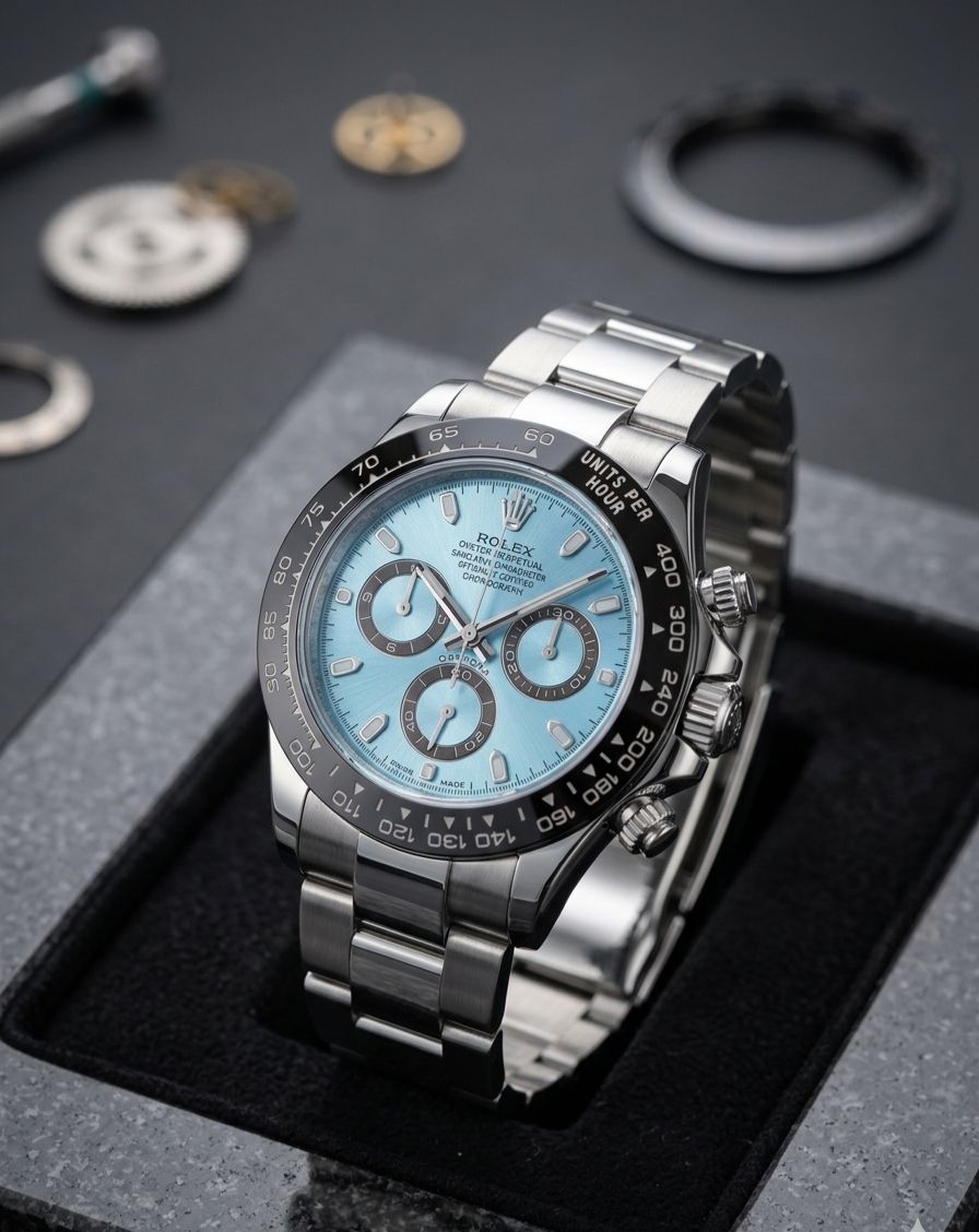 Rolex Cosmograph Daytona, likely a platinum model with an ice blue dial
