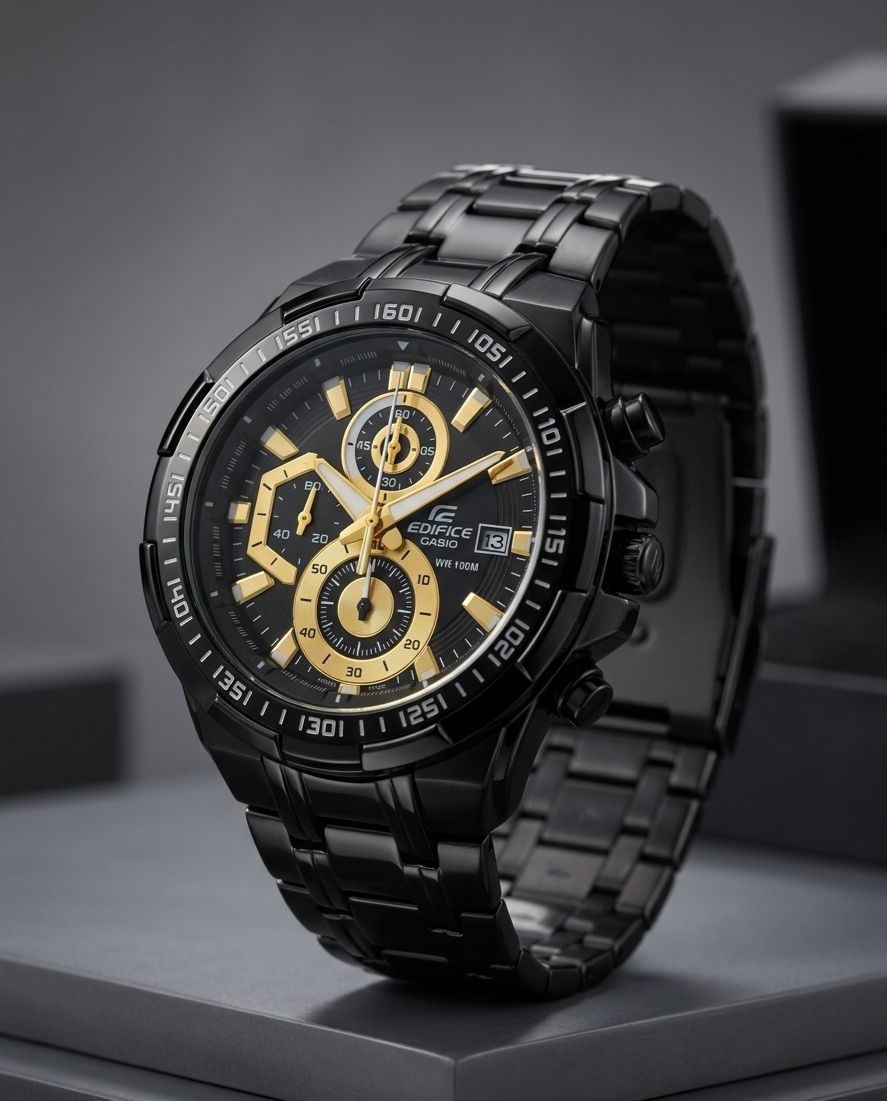Casio Edifice | black stainless steel analog chronograph watch featuring gold accents