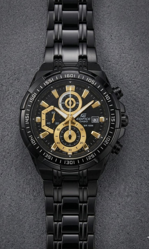 Casio Edifice | black stainless steel analog chronograph watch featuring gold accents