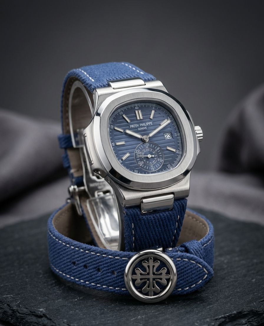 Patek Philippe | blue-gray denim-patterned strap