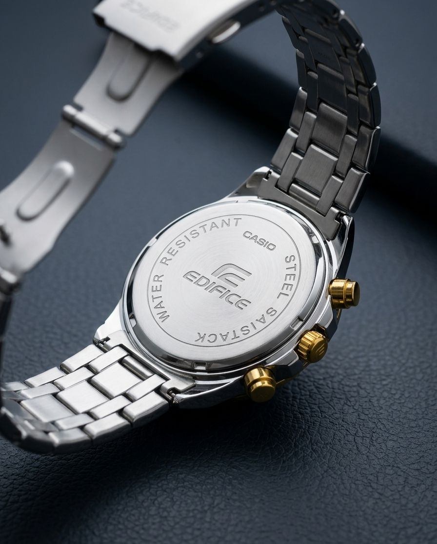 Casio Edifice | premium men's chronograph watch that features a dual-tone (silver and gold) stainless steel design with a bold black dial