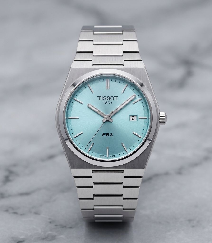 Tissot PRX Stainless Steel Watch, specifically the 35mm model with a light blue or "Tiffany" dial