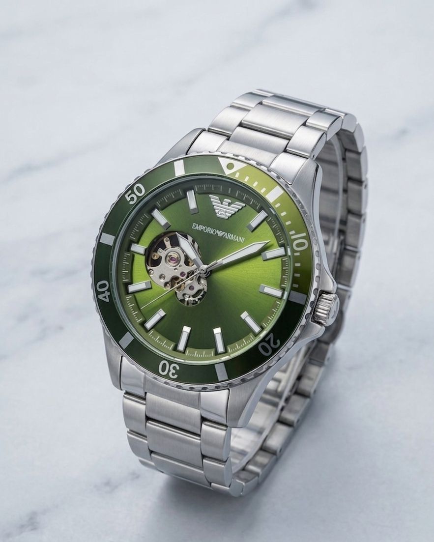 Emporio Armani Bannon Automatic Analog Watch | featuring a 42mm case with a distinctive green dial and open-heart movement